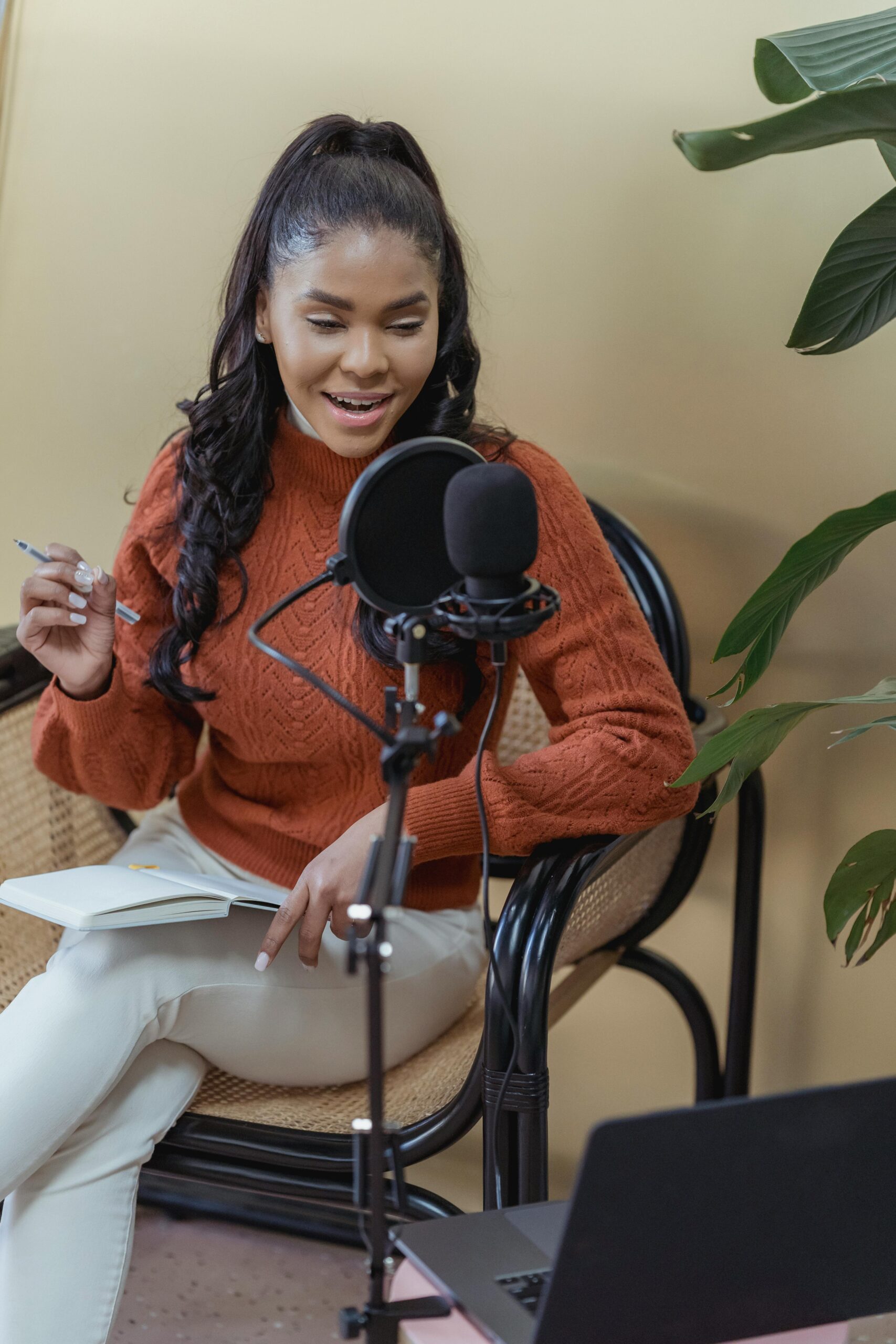 A businesswoman podcasting